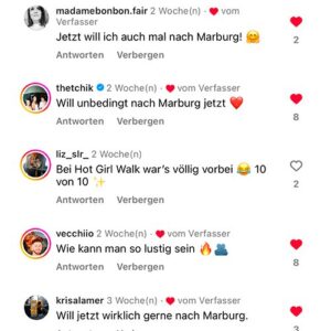 Screenshot von Instagram-Kommentaren mit positiven Reaktionen zu Marburg, inklusive Herz-Emojis und Likes.