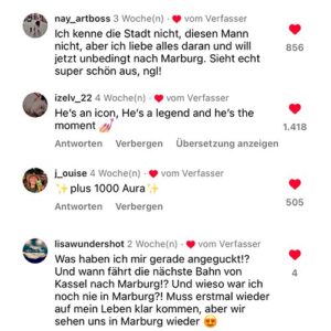 Screenshot von Instagram-Kommentaren mit positiven Reaktionen zu Marburg, inklusive Herz-Emojis und Likes.