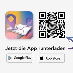 App-Download-Werbung mit einem QR-Code, App-Icons von Google Play und dem Apple Store, sowie dem Text: „Jetzt die App runterladen.“