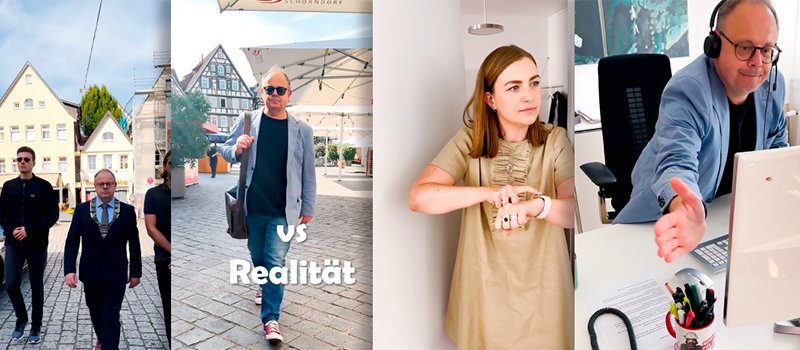 Eine Collage aus vier Bildern. Links: Drei Männer, darunter ein Mann mit Amtskette, laufen über einen Platz. Mitte links: Ein Mann in lässiger Kleidung geht eine Treppe hinunter. Mitte rechts: Eine Frau in einem beigen Kleid gestikuliert. Rechts: Ein Mann mit Sonnenbrille und Headset sitzt an einem Schreibtisch und streckt die Hand aus.