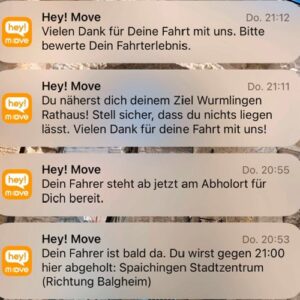 Bildschirmansicht mit Benachrichtigungen der „Hey! Move“-App, die Echtzeit-Updates zur Fahrt geben, z. B. zur Ankunft des Fahrers und zur Abholzeit.