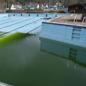 Sanierungsbedürftiges Freibad Nordrach mit leerem Becken und stehendem Wasser im März 2024.