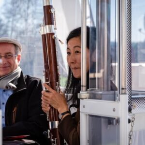 Musikerin mit Fagott in einem Wagon eines Riesenrads während einer Aufführung der Bodensee Philharmonie