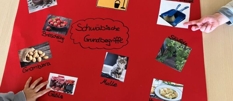 Plakat mit schwäbischen Grundbegriffen und Bildern im Kindergarten Leutenbach