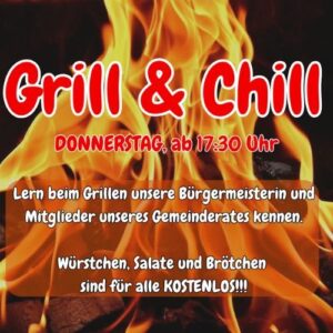 Plakat zur Veranstaltung „Grill & Chill“ mit Informationen zu Termin und kostenlosem Angebot