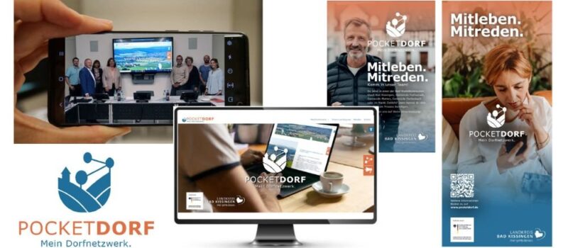 Darstellung der Gemeinde-App „PocketDorf“ auf Smartphone, Desktop und Werbematerialien