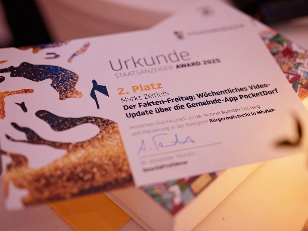 Urkunde für den 2. Platz beim Staatsanzeiger Award für die Gemeinde-App PocketDorf