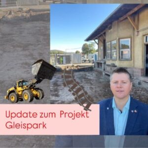 Grafik zum Projekt „Gleispark“ mit Baustelle und Videobotschaft eines Bürgermeisters