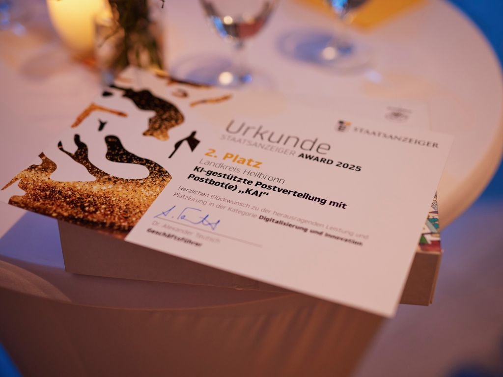 Urkunde für den zweiten Platz beim Staatsanzeiger Award 2025 für „Postbote Kai“