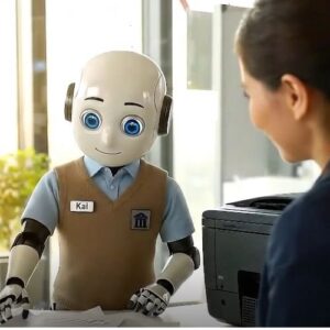 Roboter „Kai“ übergibt Dokumente an eine Mitarbeiterin im Büro