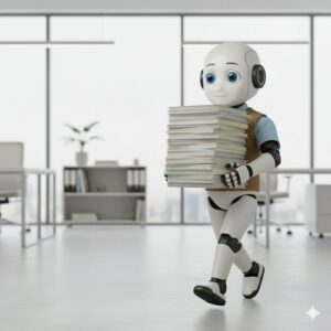 Serviceroboter „Kai“ trägt einen Stapel Dokumente in einem Büro
