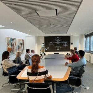 Roboter „Kai“ präsentiert Abläufe vor einer Gruppe in einem Besprechungsraum