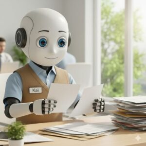 Roboter „Kai“ sortiert und prüft Dokumente am Schreibtisch
